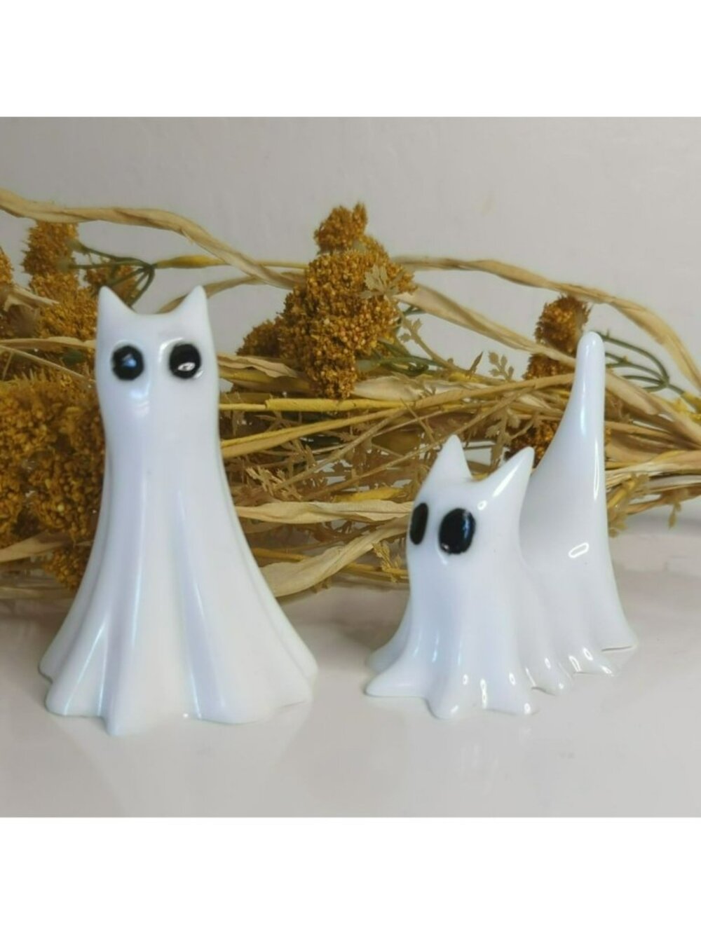 Handcrafted White Resin Ghost Cat Figurines Set Of 2